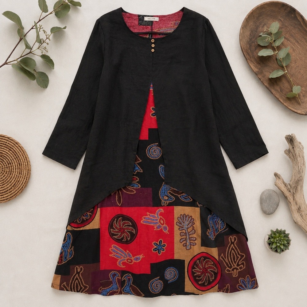 Cellabie Tunic Dress 5XL Black Red Cotton Layered Lagenlook Artsy Boho Tunic